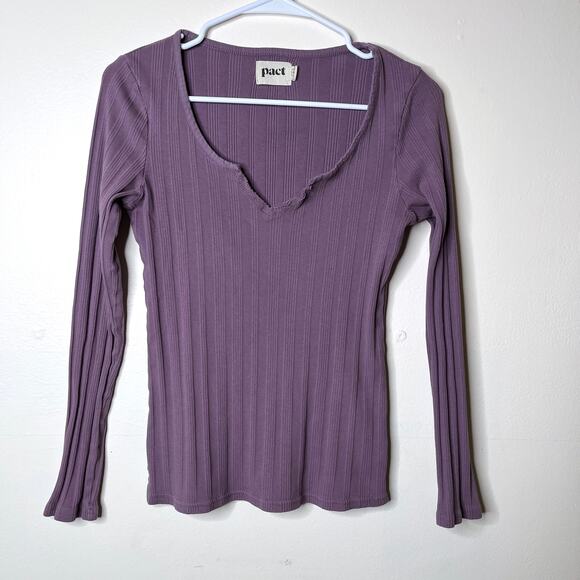 Pact Tops - Pact Organic Cotton Long Sleeve Shirt Small Ribbed Knit Top Women's Purple